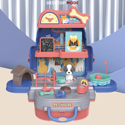 LITTLE STORY Role Play Animal Care/Pet House Toy Set School Bag (26 Pcs) - Blue, 3 - In - 1 Mode