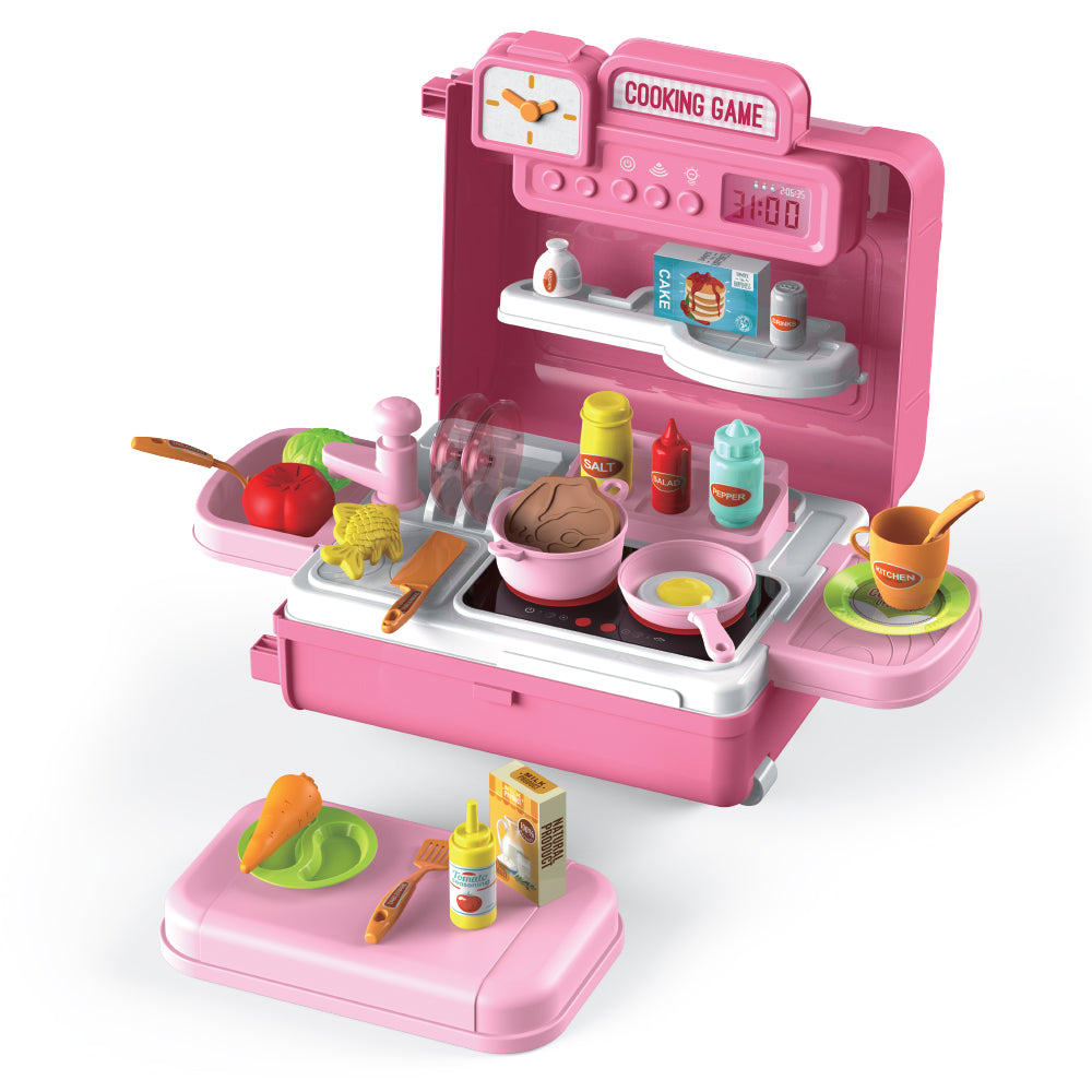 LITTLE STORY Role Play Chef/Kitchen/Restaurant Toy Set Luggage Case (41 Pcs) Inbuilt Light & Sound - Pink, 4 - In - 1 Mode