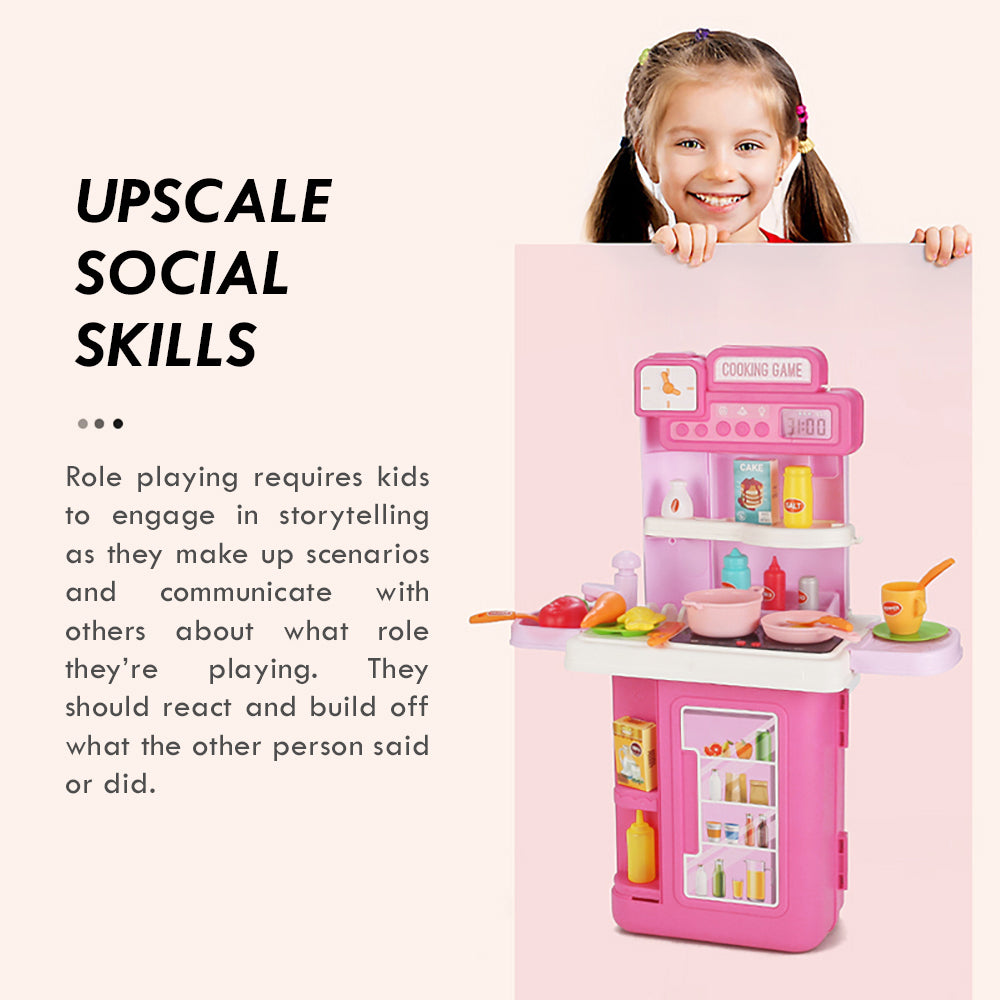 LITTLE STORY Role Play Chef/Kitchen/Restaurant Toy Set Luggage Case (41 Pcs) Inbuilt Light & Sound - Pink, 4 - In - 1 Mode