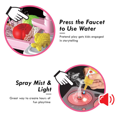 LITTLE STORY Role Play Chef/Kitchen/Restaurant Toy Set Luggage Case (41 Pcs) Inbuilt Light & Sound - Pink, 4 - In - 1 Mode