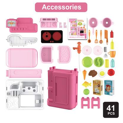 LITTLE STORY Role Play Chef/Kitchen/Restaurant Toy Set Luggage Case (41 Pcs) Inbuilt Light & Sound - Pink, 4 - In - 1 Mode