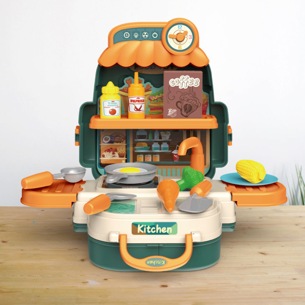 LITTLE STORY Role Play Chef/Kitchen/Restaurant Toy Set School Bag (21 Pcs) - Green, 3 - In - 1 Mode