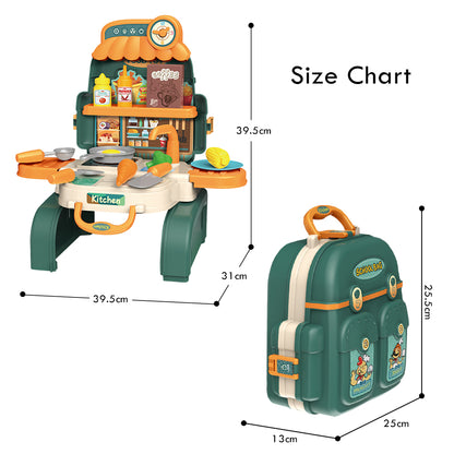 LITTLE STORY Role Play Chef/Kitchen/Restaurant Toy Set School Bag (21 Pcs) - Green, 3 - In - 1 Mode