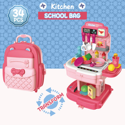 LITTLE STORY Role Play Chef/Kitchen/Restaurant Toy Set School Bag (34 Pcs) - Pink, 2 - In - 1 Mode