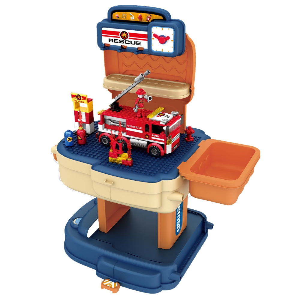 LITTLE STORY Role Play Fire Station With Fire Truck And Block Toy Set School Bag (223 Pcs) - Orange, 2 - In - 1 Mode