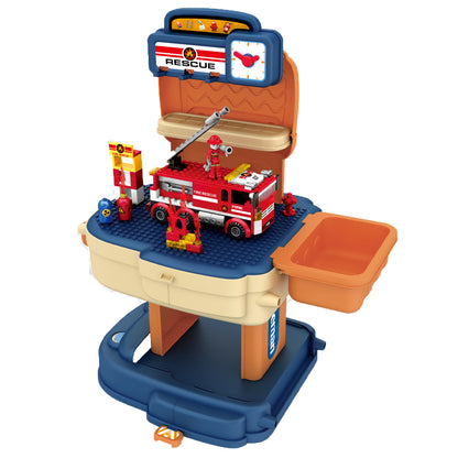LITTLE STORY Role Play Fire Station With Fire Truck And Block Toy Set School Bag (223 Pcs) - Orange, 2 - In - 1 Mode