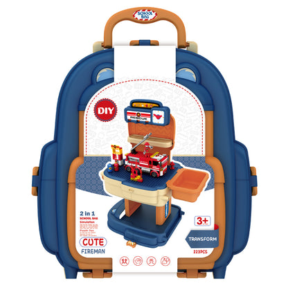 LITTLE STORY Role Play Fire Station With Fire Truck And Block Toy Set School Bag (223 Pcs) - Orange, 2 - In - 1 Mode