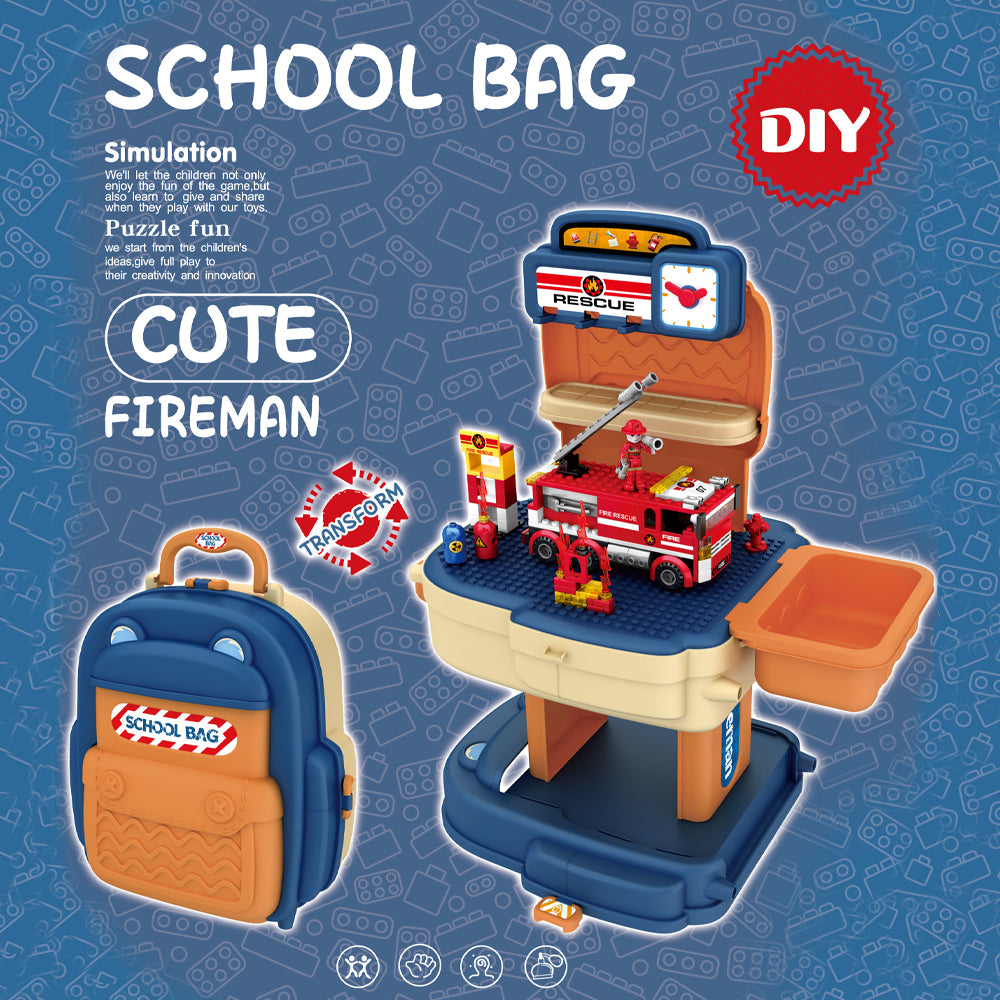 LITTLE STORY Role Play Fire Station With Fire Truck And Block Toy Set School Bag (223 Pcs) - Orange, 2 - In - 1 Mode