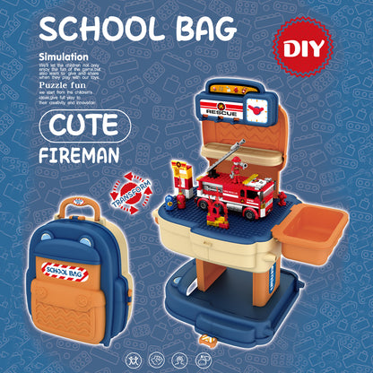 LITTLE STORY Role Play Fire Station With Fire Truck And Block Toy Set School Bag (223 Pcs) - Orange, 2 - In - 1 Mode