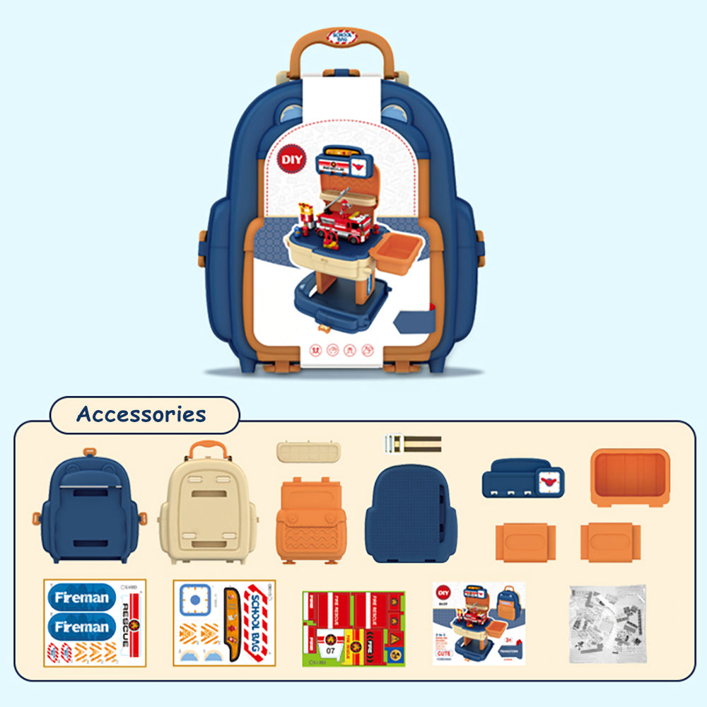 LITTLE STORY Role Play Fire Station With Fire Truck And Block Toy Set School Bag (223 Pcs) - Orange, 2 - In - 1 Mode
