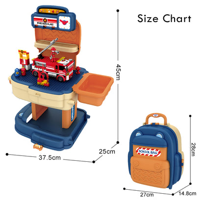 LITTLE STORY Role Play Fire Station With Fire Truck And Block Toy Set School Bag (223 Pcs) - Orange, 2 - In - 1 Mode