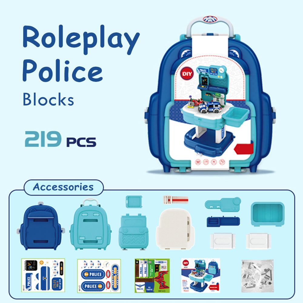 LITTLE STORY Role Play Police Station With Police Car And Block Toy Set School Bag (219 Pcs) - Blue, 2 - In - 1 Mode