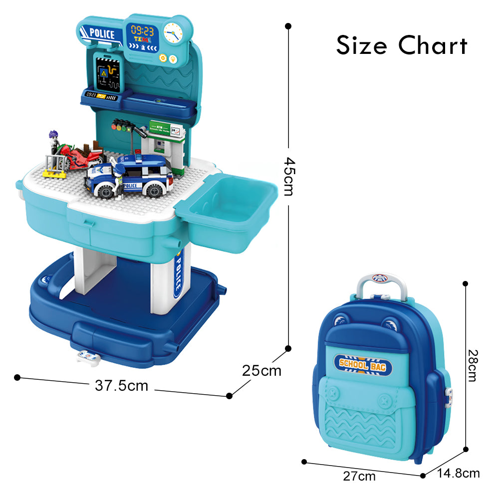 LITTLE STORY Role Play Police Station With Police Car And Block Toy Set School Bag (219 Pcs) - Blue, 2 - In - 1 Mode
