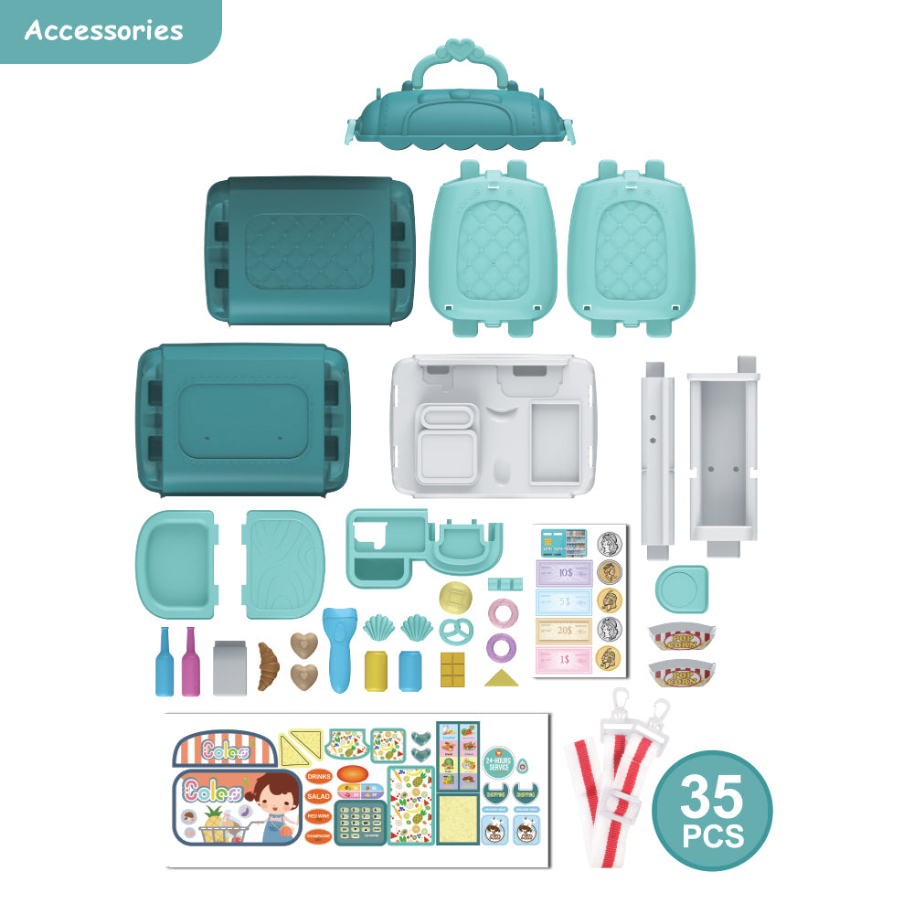 LITTLE STORY Role Play Shopkeeper/Supermarket Toy Set Satchel (35 Pcs) - Green, 3 - In - 1 Mode