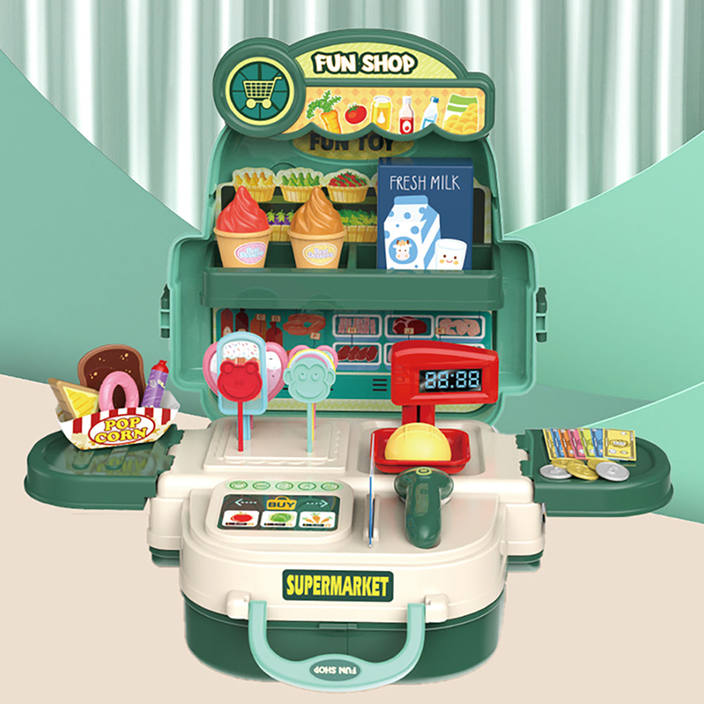 LITTLE STORY Role Play Shopkeeper/Supermarket Toy Set School Bag (36 Pcs) - Green, 3 - In - 1 Mode