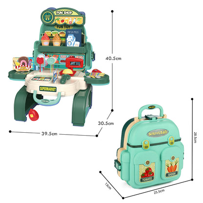 LITTLE STORY Role Play Shopkeeper/Supermarket Toy Set School Bag (36 Pcs) - Green, 3 - In - 1 Mode