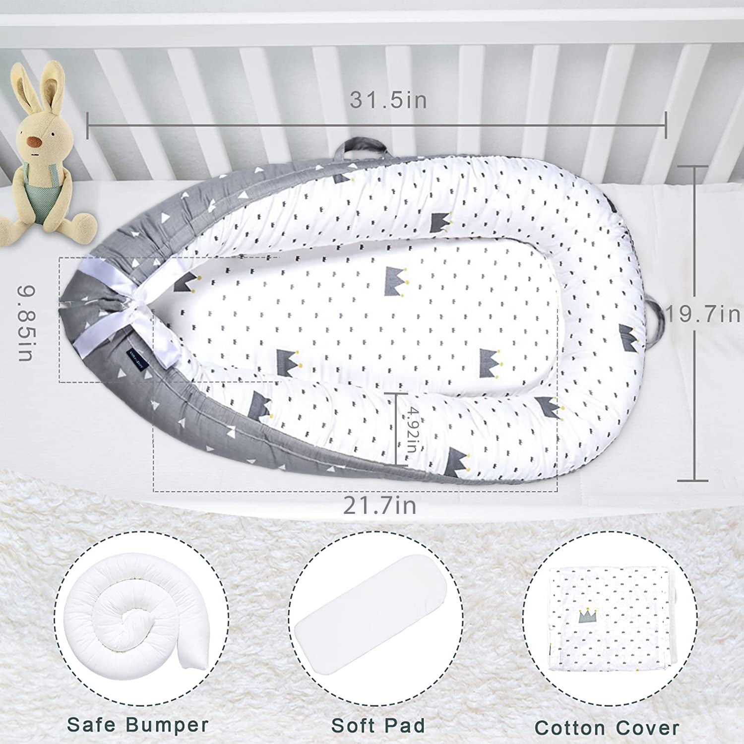 LITTLE STORY Soft Breathable Fiberfill Newborn Lounger Bed - Royal Grey