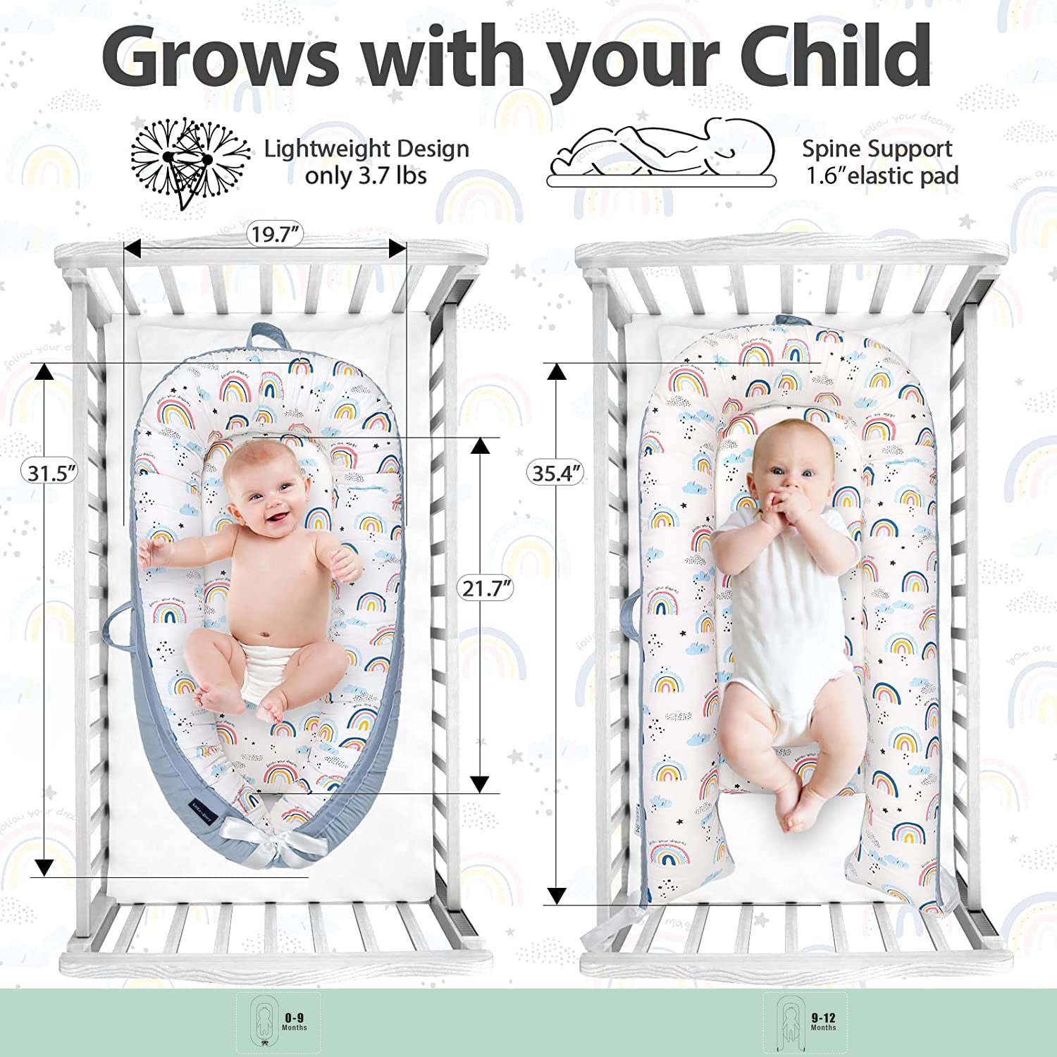 LITTLE STORY Soft Breathable Fiberfill Newborn Lounger Bed - Sunshine Grey