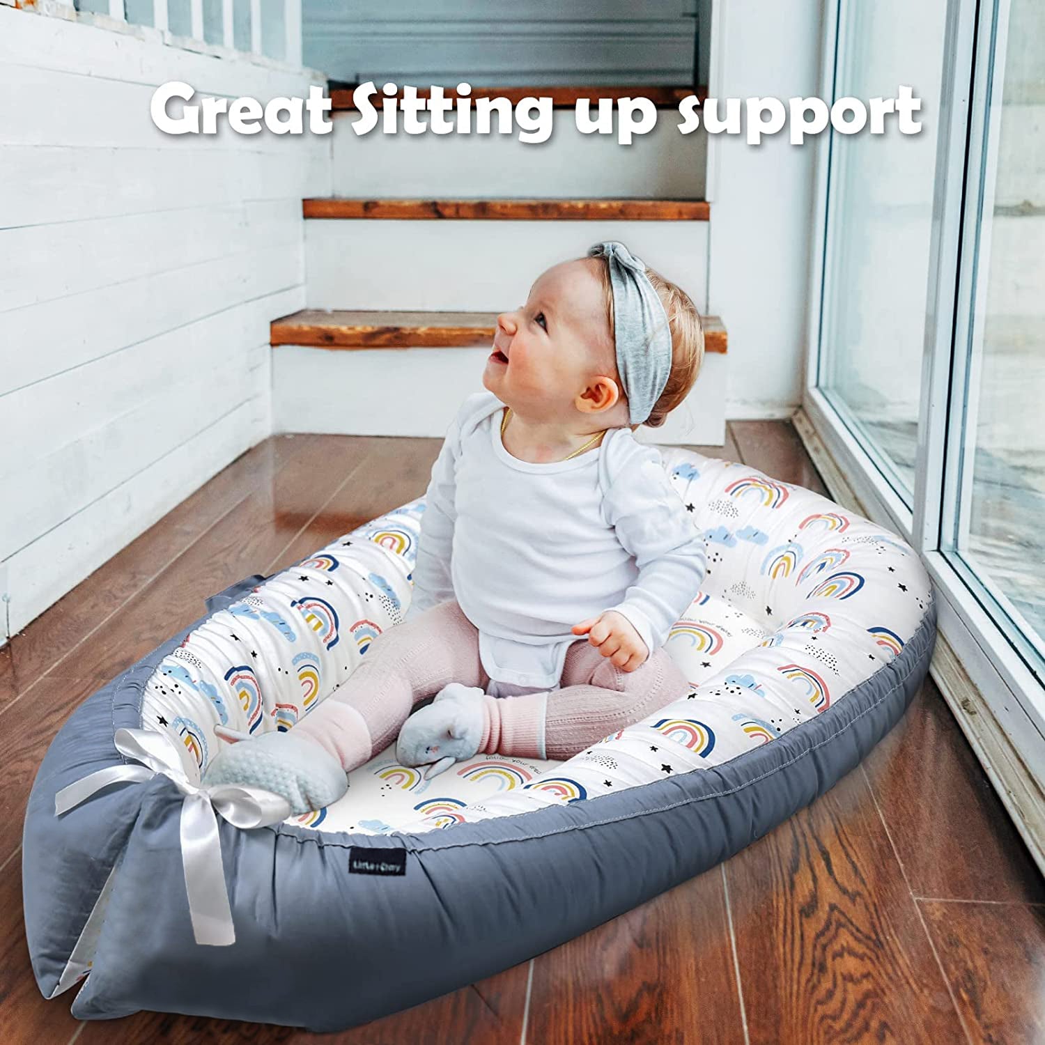 LITTLE STORY Soft Breathable Fiberfill Newborn Lounger Bed - Sunshine Grey