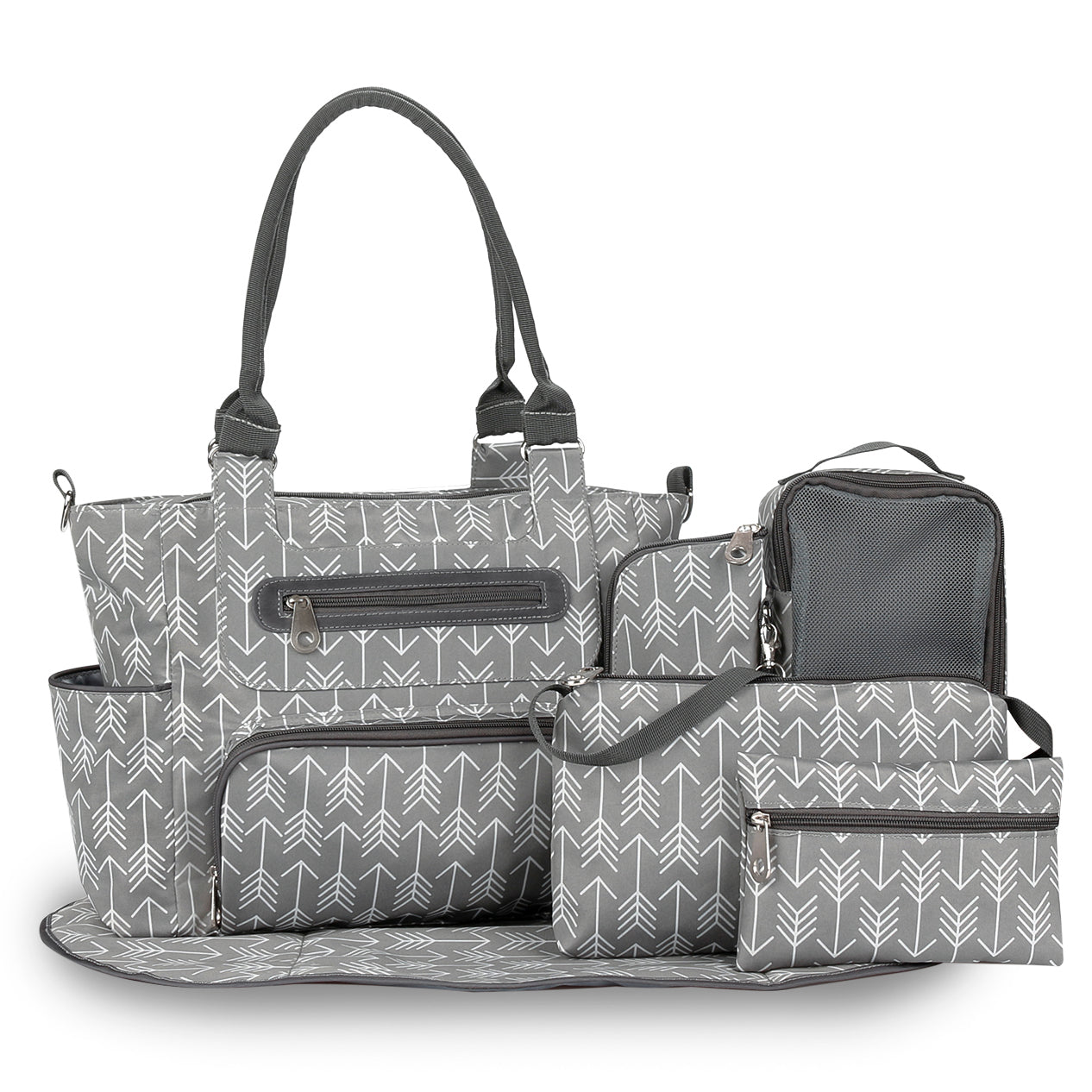 LITTLE STORY diaper bag set of 6 with hooks - Melange Grey