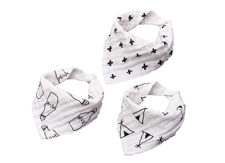 Muslin Bandana Bibs - Set of 3 - Black & White