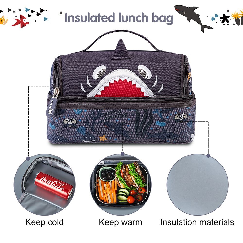 NOHOO Kids Insulated Lunch Bag Shark - Grey