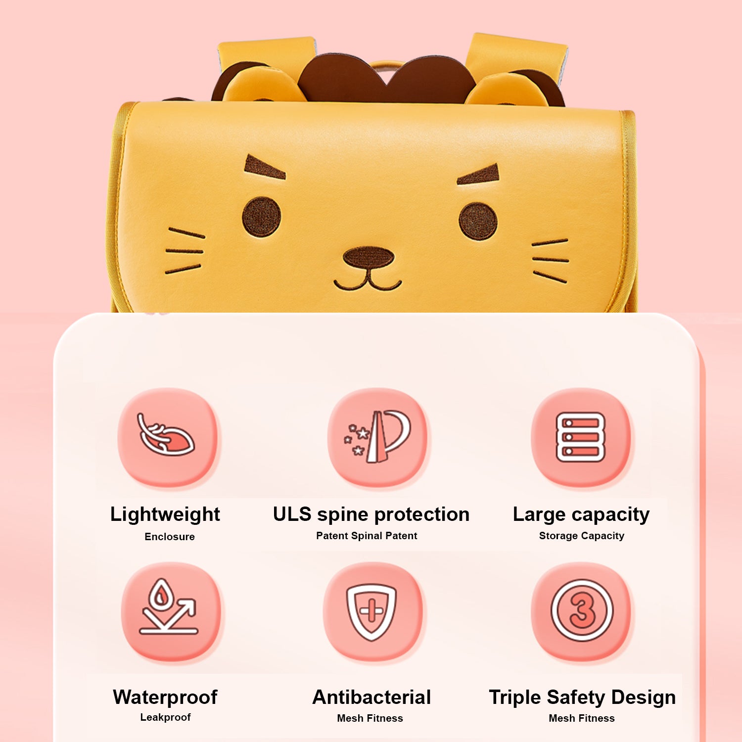 NOHOO Spine Protection Horizontal School Backpack for 0 - 5 Grade Primary Students - Lion Yellow