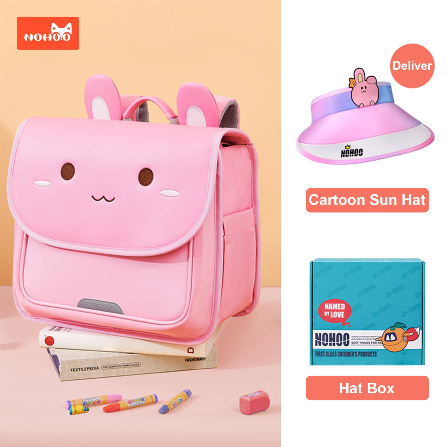 NOHOO Spine Protection Horizontal School Backpack for 0 - 5 Grade Primary Students - Rabbit Pink