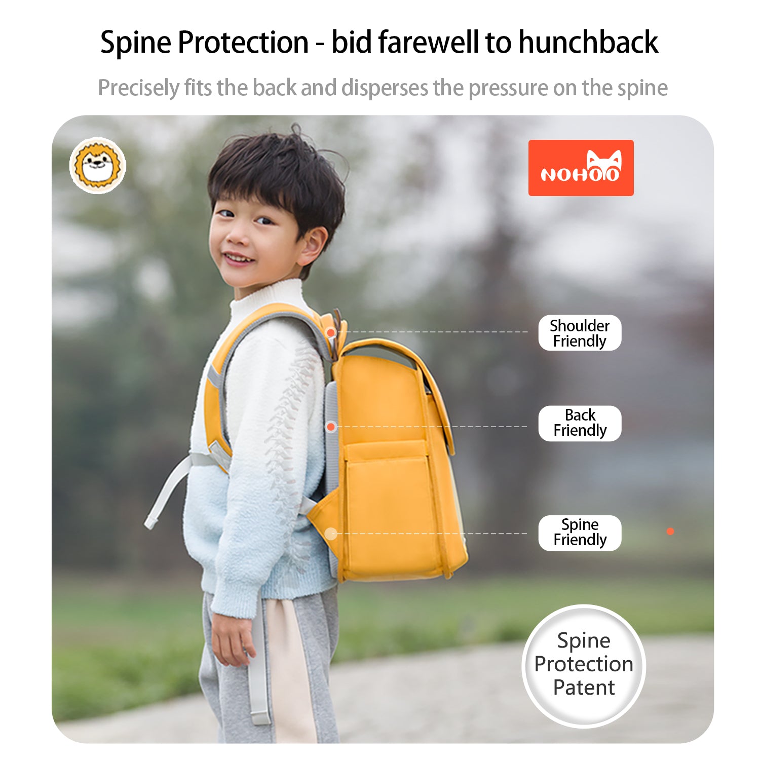 NOHOO Spine Protection School Backpack for 0 - 5 Grade Primary Students - Lion Yellow