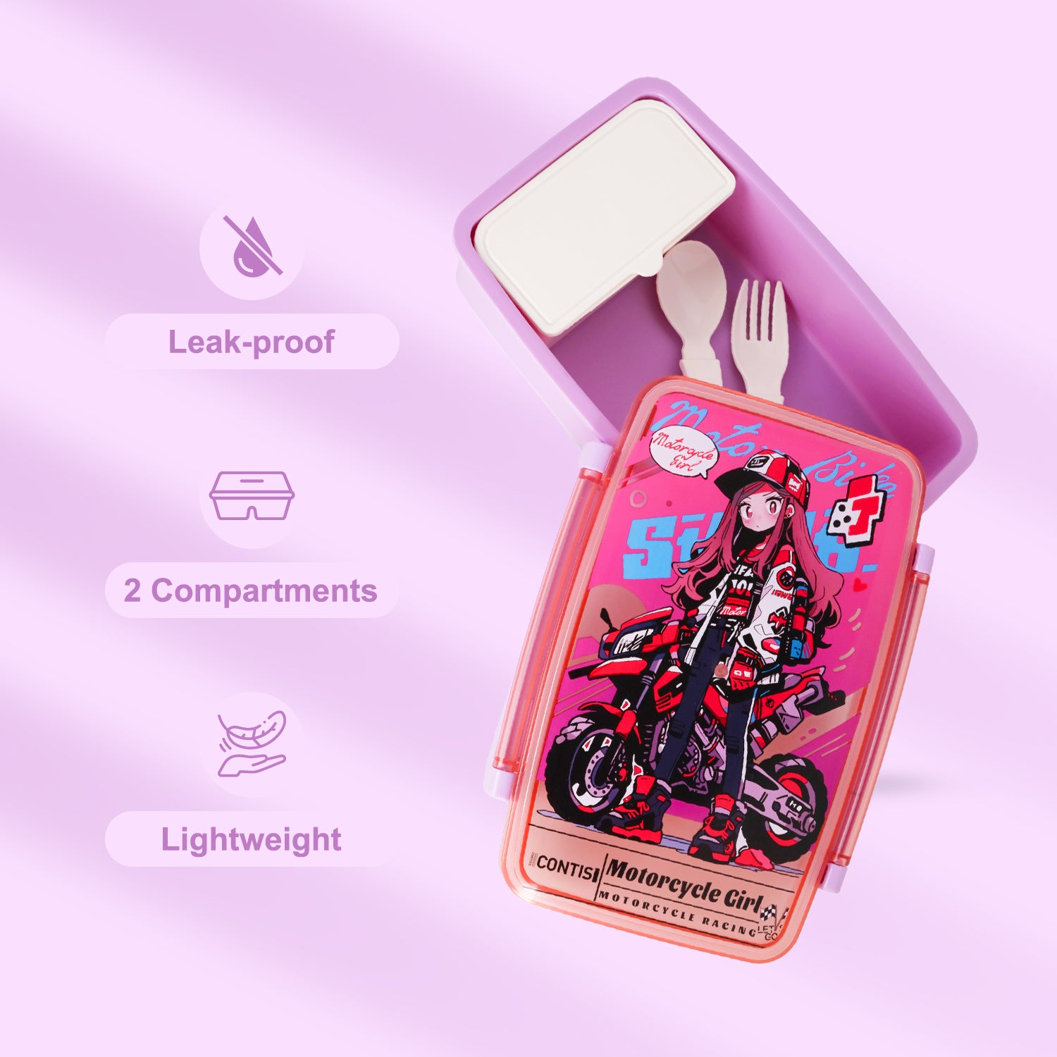 NOVA KIDS Bento Lunch Box with Spoon & Fork - Motorbike Pink
