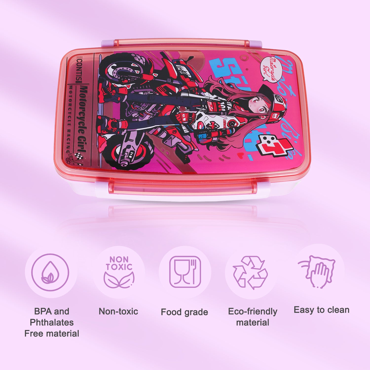 NOVA KIDS Bento Lunch Box with Spoon & Fork - Motorbike Pink