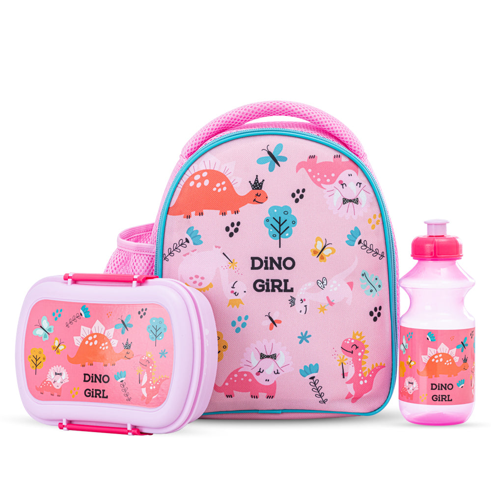 NOVA KIDS Lunch Bag Combo w/Lunch Box and Water Bottle - Dinosaurs Pink