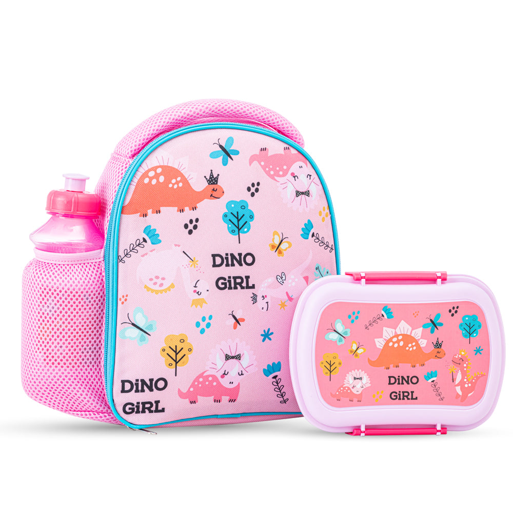 NOVA KIDS Lunch Bag Combo w/Lunch Box and Water Bottle - Dinosaurs Pink