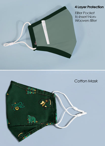 NOHOO Kids Re - usable Face Mask - Dinosaur - Green