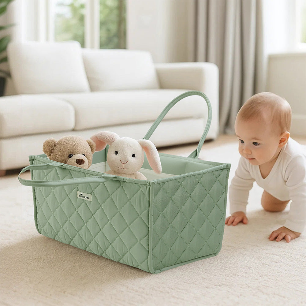 Sunveno Foldable Baby Nursery Organizer Caddy with Removable Dividers & Carry Handles, Sage Green