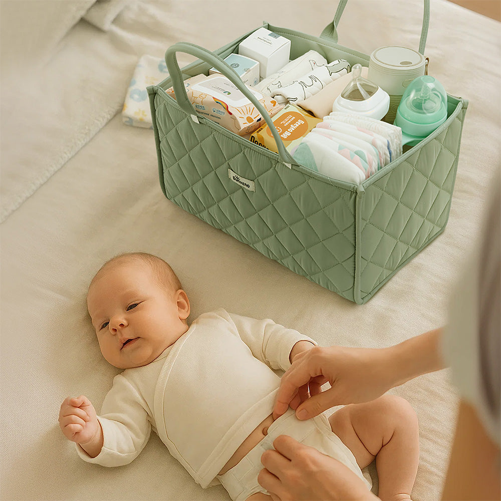 Sunveno Foldable Baby Nursery Organizer Caddy with Removable Dividers & Carry Handles, Sage Green
