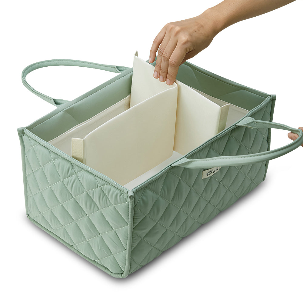 Sunveno Foldable Baby Nursery Organizer Caddy with Removable Dividers & Carry Handles, Sage Green