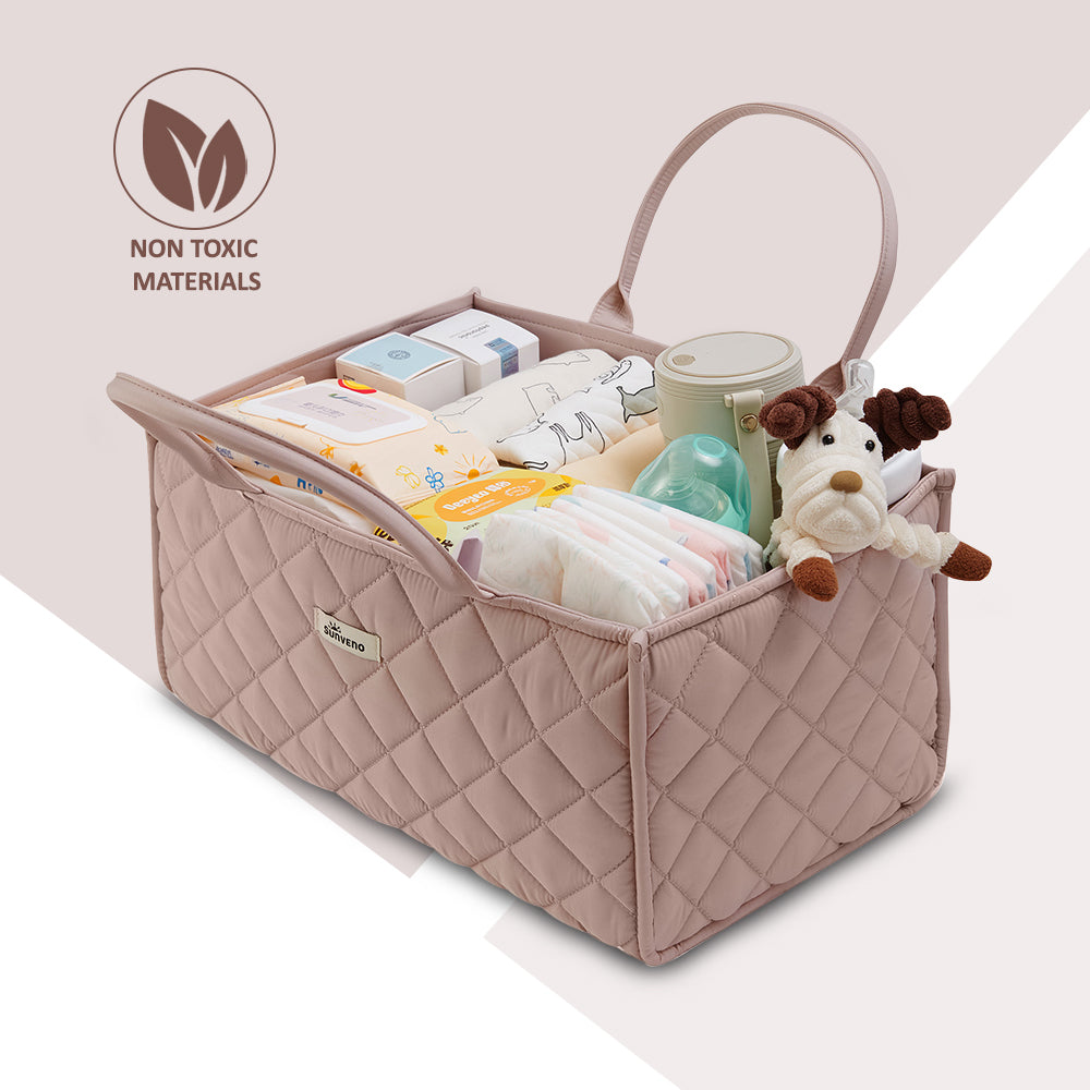 Sunveno Foldable Baby Nursery Organizer Caddy with Removable Dividers & Carry Handles, Blush Pink