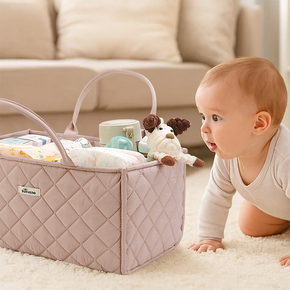 Sunveno Foldable Baby Nursery Organizer Caddy with Removable Dividers & Carry Handles, Blush Pink