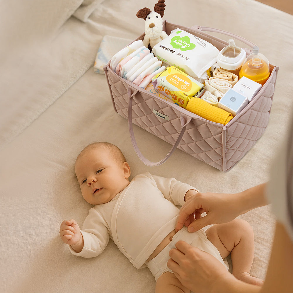 Sunveno Foldable Baby Nursery Organizer Caddy with Removable Dividers & Carry Handles, Blush Pink
