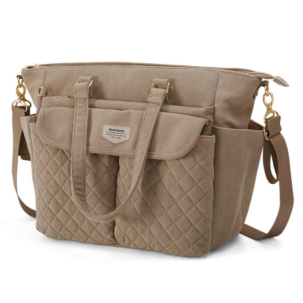 SUNVENO Corduroy Diaper Bag with Changing Mat and Stroller Straps - Beige Khaki