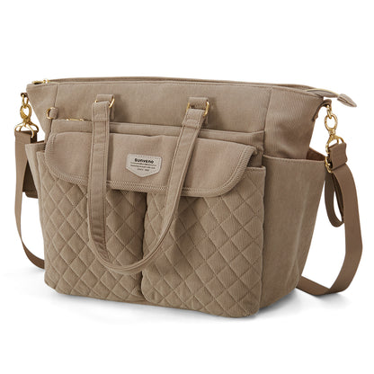 SUNVENO Corduroy Diaper Bag with Changing Mat and Stroller Straps - Beige Khaki