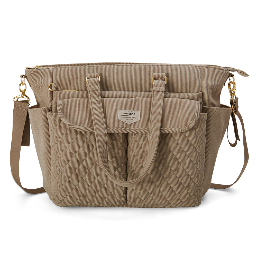 SUNVENO Corduroy Diaper Bag with Changing Mat and Stroller Straps - Beige Khaki