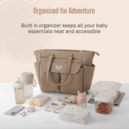 SUNVENO Corduroy Diaper Bag with Changing Mat and Stroller Straps - Beige Khaki