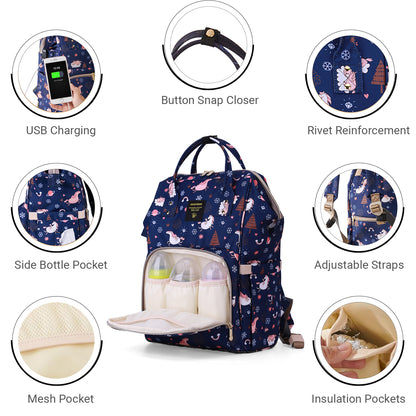 SUNVENO Diaper Bag with USB Charging Port and Changing Mat - Blue Dream Sky