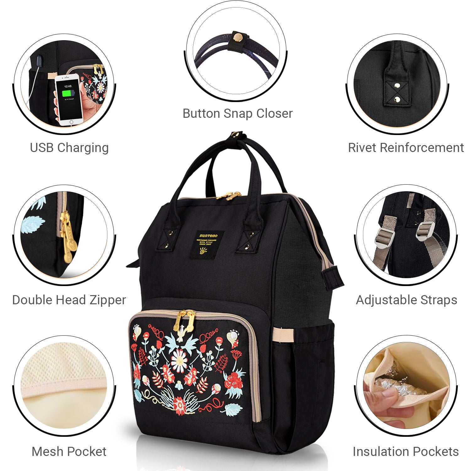 SUNVENO Diaper Bag with USB Charging Port and Changing Mat - Black