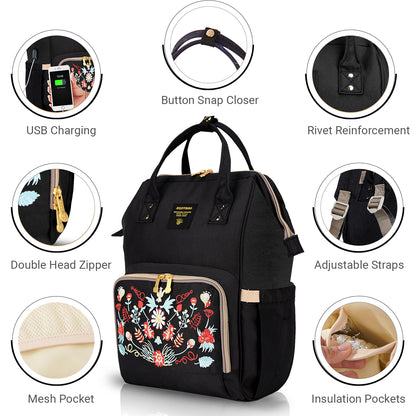 SUNVENO Diaper Bag with USB Charging Port and Changing Mat - Black