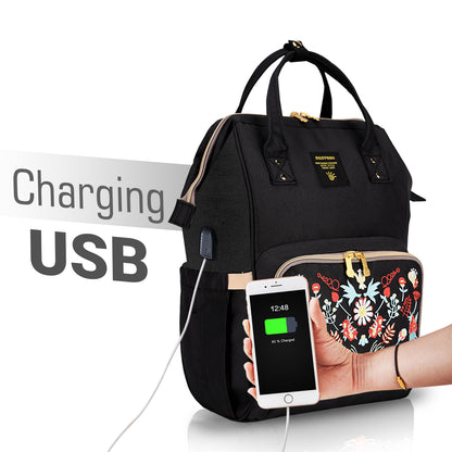SUNVENO Diaper Bag with USB Charging Port and Changing Mat - Black