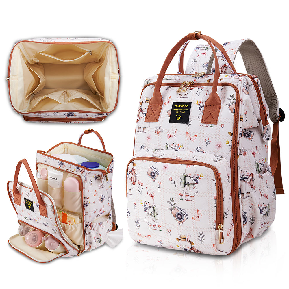 Sunveno Multi-Pocket Diaper Backpack – Waterproof Baby Nappy Bag with Insulated Pockets & Anti-Theft Pocket, Rabbit Brown