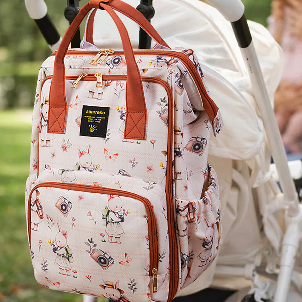 Sunveno Multi-Pocket Diaper Backpack – Waterproof Baby Nappy Bag with Insulated Pockets & Anti-Theft Pocket, Rabbit Brown